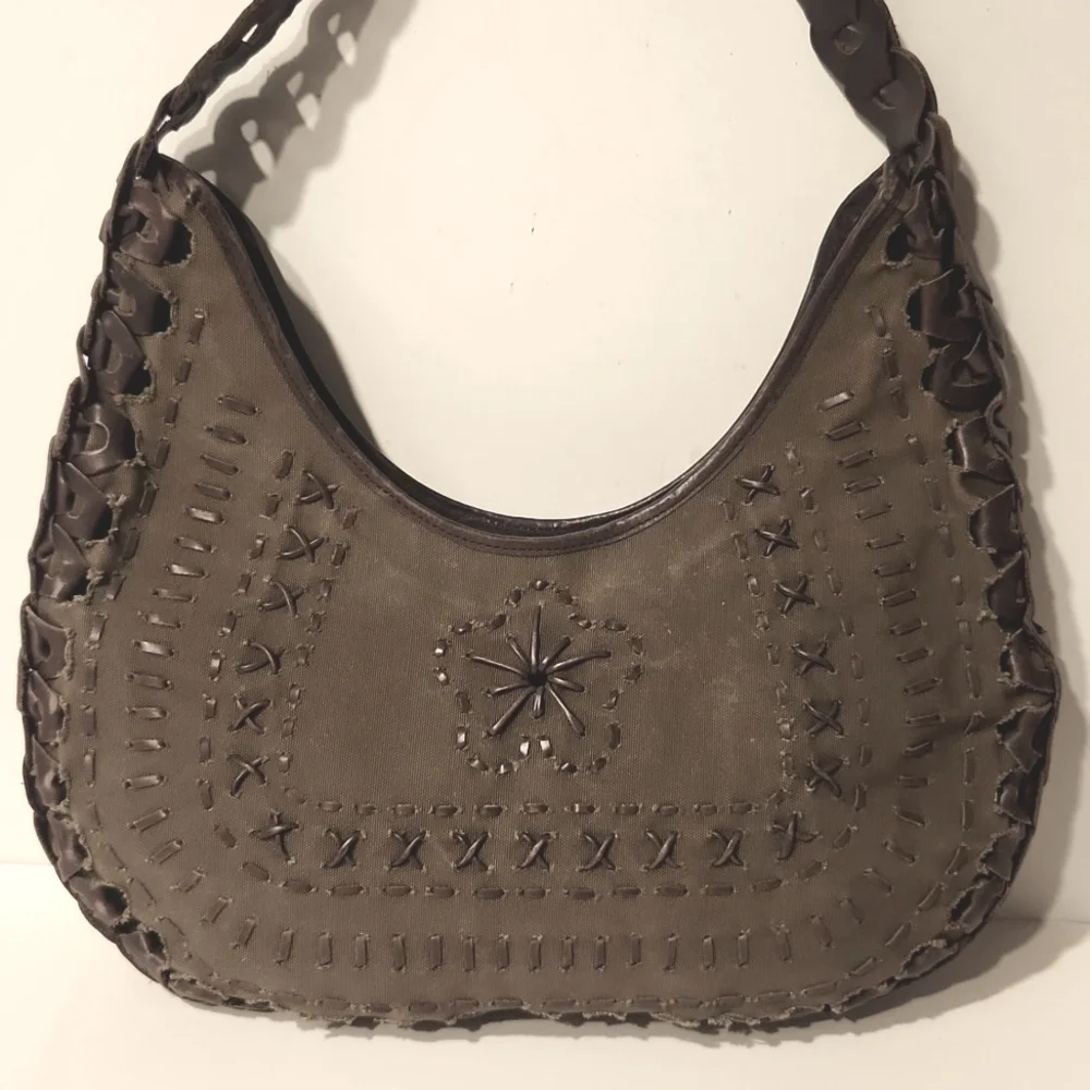 RARE! Cortefiel Canvas & Leather Hobo Shoulder Bag Sage Green & Brown